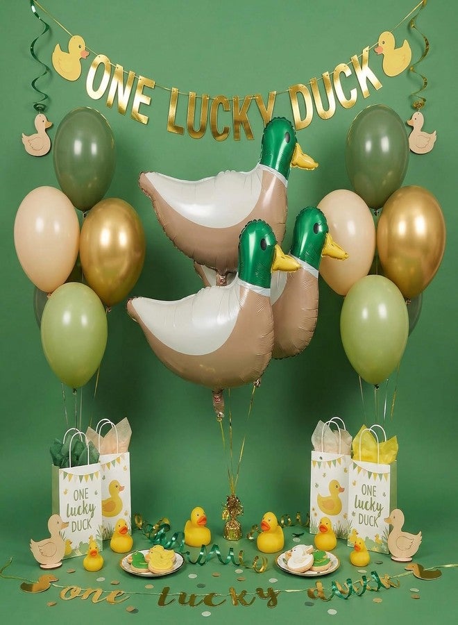 PullCrease 56 Pcs 28.3'' Mallard Duck Party Decorations Kit Green and Brown Foil Balloons for One Lucky Duck Hunting Birthday Party Decoration Supplies - Image 4