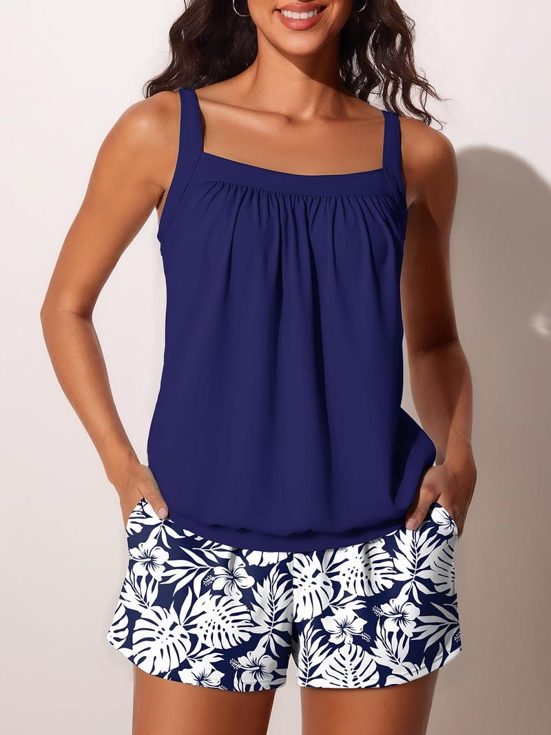 Summer Mae Blouson Womens Tankini Swimsuits 2026 Modest Tummy Control Bathing Suits Swim Shorts with Pockets for Beach Monstera Leaf Silhouette Size 14 - Image 3