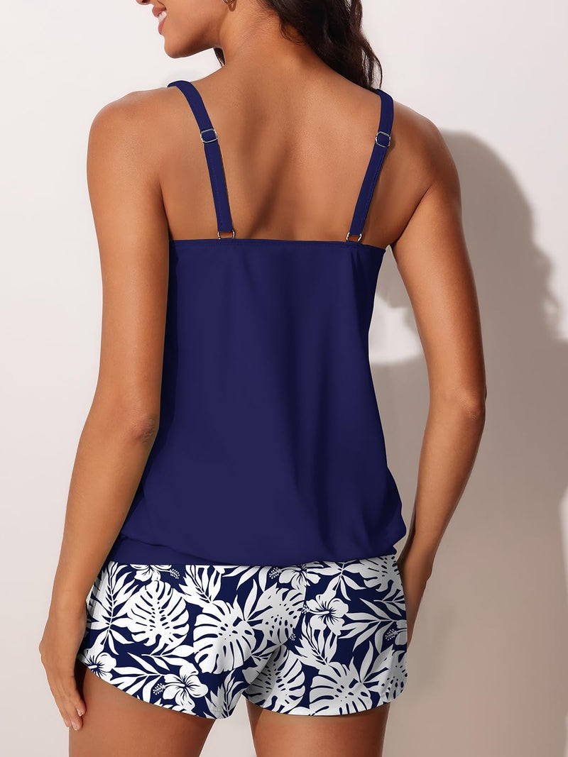 Summer Mae Blouson Womens Tankini Swimsuits 2026 Modest Tummy Control Bathing Suits Swim Shorts with Pockets for Beach Monstera Leaf Silhouette Size 14 - Image 2