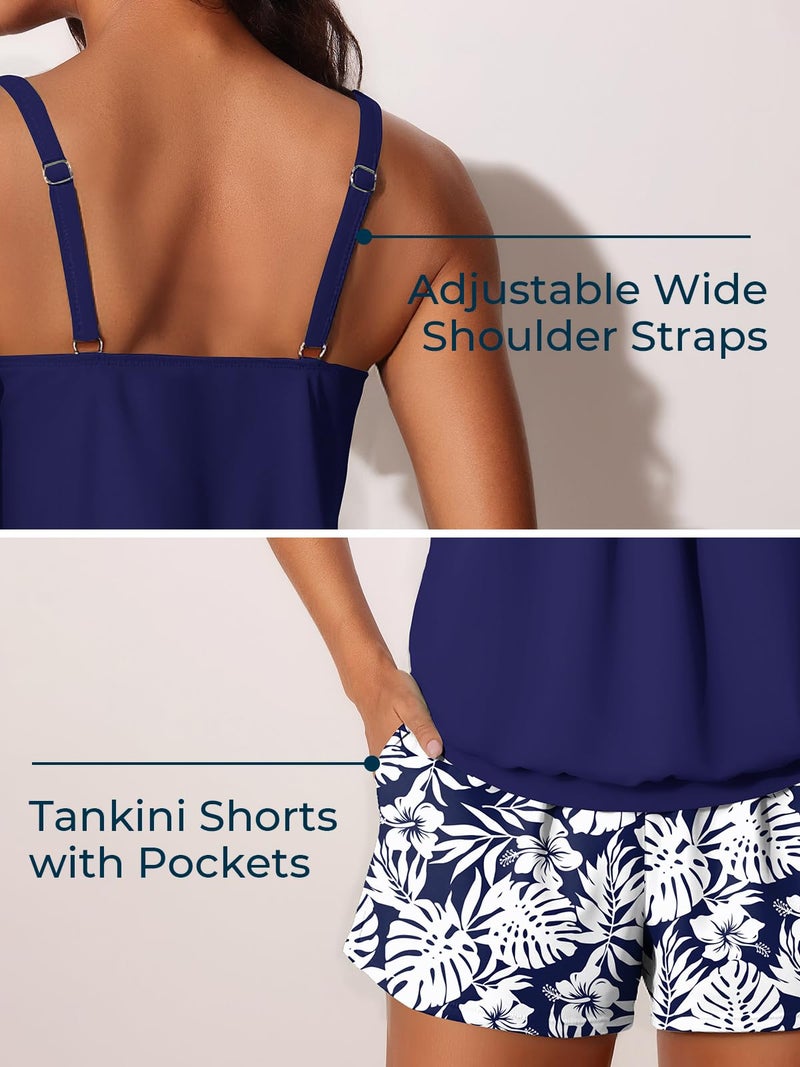 Summer Mae Blouson Womens Tankini Swimsuits 2026 Modest Tummy Control Bathing Suits Swim Shorts with Pockets for Beach Monstera Leaf Silhouette Size 14 - Image 5