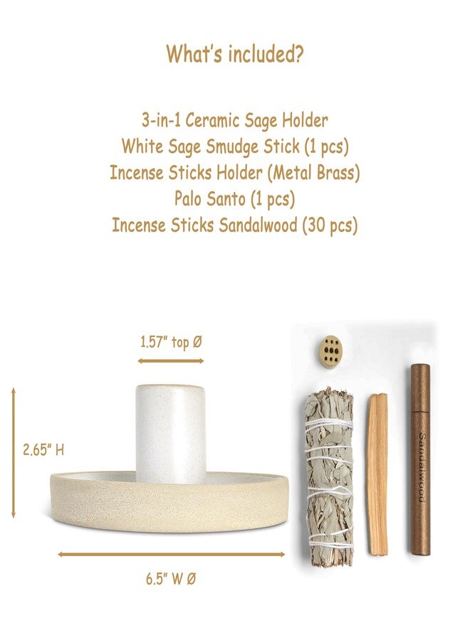 Amarcado Ceramic Sage Holder for Burning 3 in 1 - Sage Smudge Kit - Incense Holder for Sticks - Palo Santo Holder - White Sage Burner - Altar Supplies Decor - White Sage, Palo Santo, Incense Sticks Included - Image 2