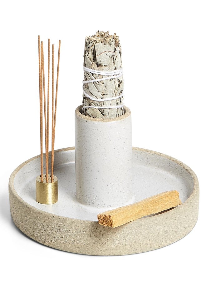 Amarcado Ceramic Sage Holder for Burning 3 in 1 - Sage Smudge Kit - Incense Holder for Sticks - Palo Santo Holder - White Sage Burner - Altar Supplies Decor - White Sage, Palo Santo, Incense Sticks Included - Image 1
