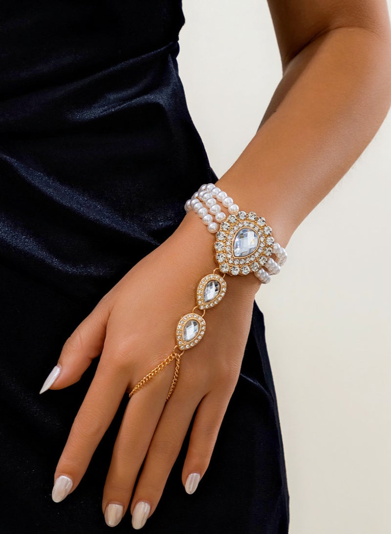 Elegant Vintage Gold-White Diamond-Encrusted Pearl Teardrop Bracelet  - Image 1