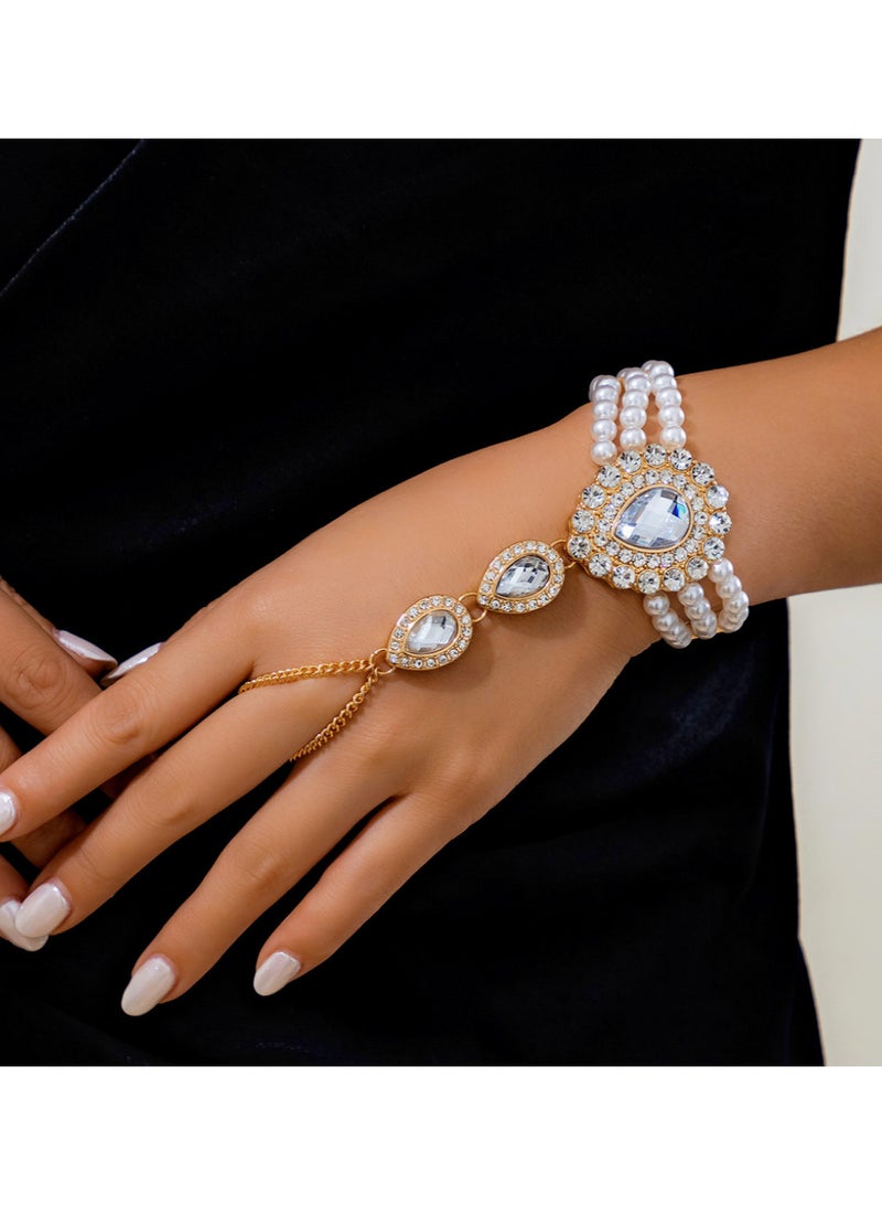 Elegant Vintage Gold-White Diamond-Encrusted Pearl Teardrop Bracelet  - Image 2