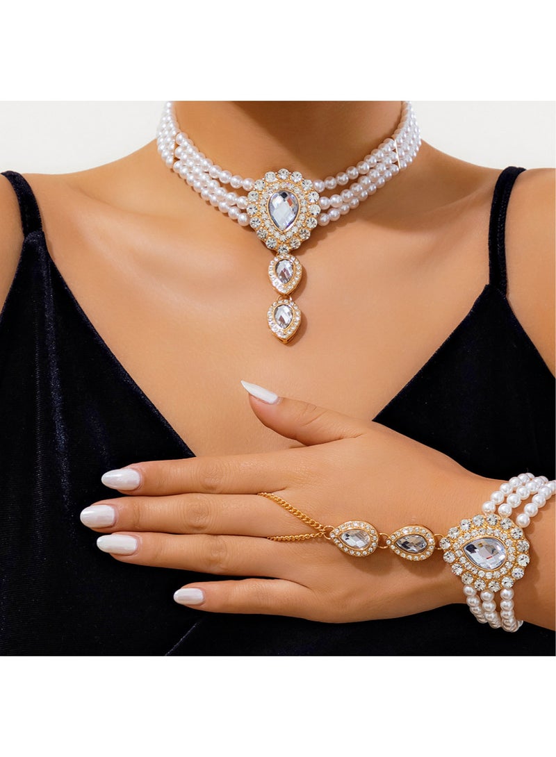Elegant Vintage Gold-White Diamond-Encrusted Pearl Teardrop Bracelet  - Image 4