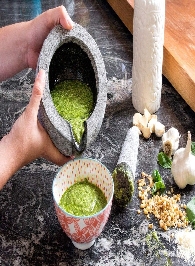 Kitchendise طقم هاون ومدقة من الجرانيت - وعاء جواكامولي مولكاخيتي تقليدي، سعة كبيرة 15 أونصة سائلة (كوبين)، مطحنة من الحجر الطبيعي مع صنبور صب + كتاب وصفات إلكتروني إضافي، وسادة مانعة للانزلاق، فرشاة تنظيف عضوية - Image 3