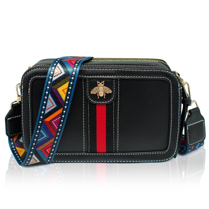 Beatfull Designer Crossbody Bag Bee Shoulder Purse for Women Trendy Wide Strap Camera Clutch PU Leather Handbag Black - Image 1