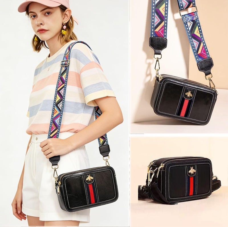 Beatfull Designer Crossbody Bag Bee Shoulder Purse for Women Trendy Wide Strap Camera Clutch PU Leather Handbag Black - Image 2