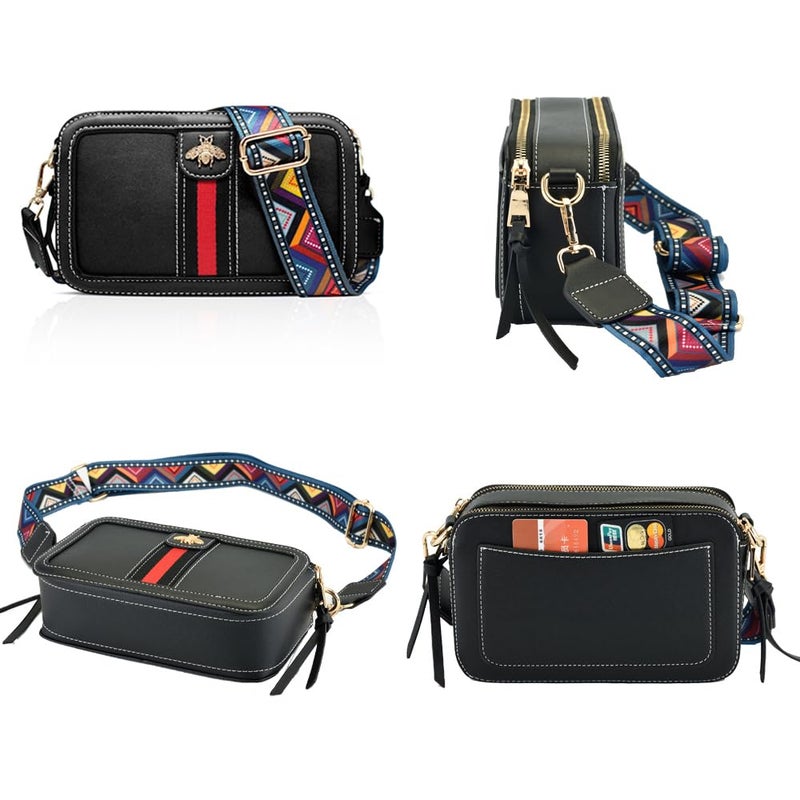 Beatfull Designer Crossbody Bag Bee Shoulder Purse for Women Trendy Wide Strap Camera Clutch PU Leather Handbag Black - Image 4