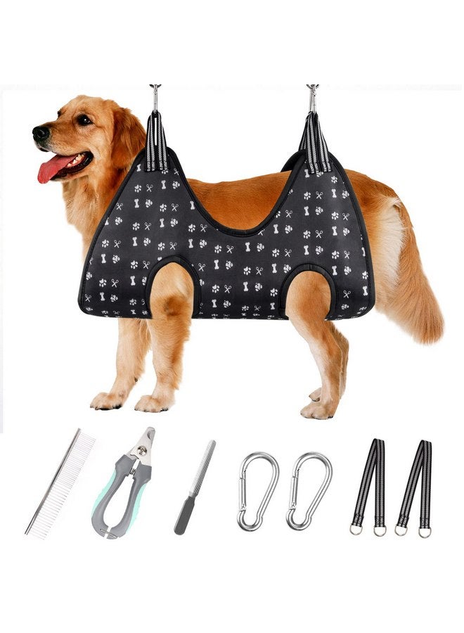 Pet Grooming Hammock Harness with Nail Clippers/Trimmer, Nail File, Comb, Cute Printed Breathable Cats & Dogs Hammock Sling for Grooming (XL, Black) - Image 1