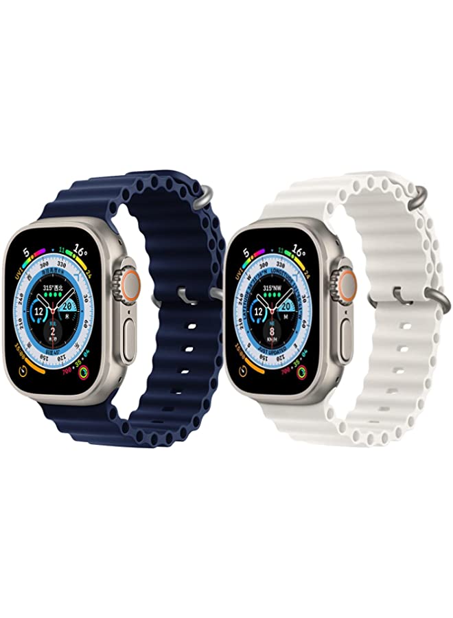 vesus Silicone Ocean Band Strap for Apple Watch Ultra 8 49mm Navy Blue Single Color Strap with White Single Color Strap Set of 2