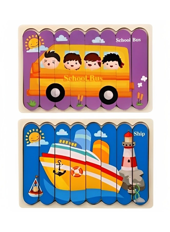 لغز خشبي ثلاثي الأبعاد بتصميم مزدوج للأطفال الصغار، أدوات دعم التعليم المبكر للآباء والمعلمين، لعبة مونتيسوري صممت لتنمية المهارات الحسية والحركية، هدية رائعة للأطفال (نمط حافلة مدرسية وسفينة) - Image 1