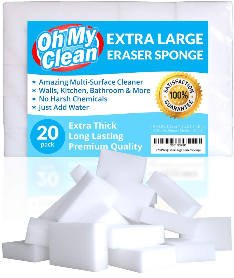 Oh My Clean (20 Pack) Extra Large Eraser Sponge - Extra Thick, Long Lasting, Premium Melamine Sponges in Bulk - Multi Surface Power Scrubber Foam Cleaning Pads - Bathtub, Floor, Baseboard, Bathroom, Wall Cleaner - Image 1