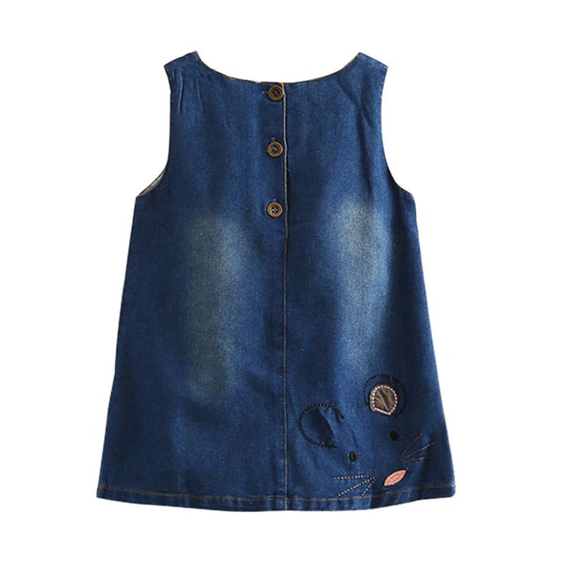 Mud Kingdom Denim Jumper Dress for Toddler Girls Cute Embroidered Mouse Sleeveless Casual Sundress Deep Blue 3T - Image 2