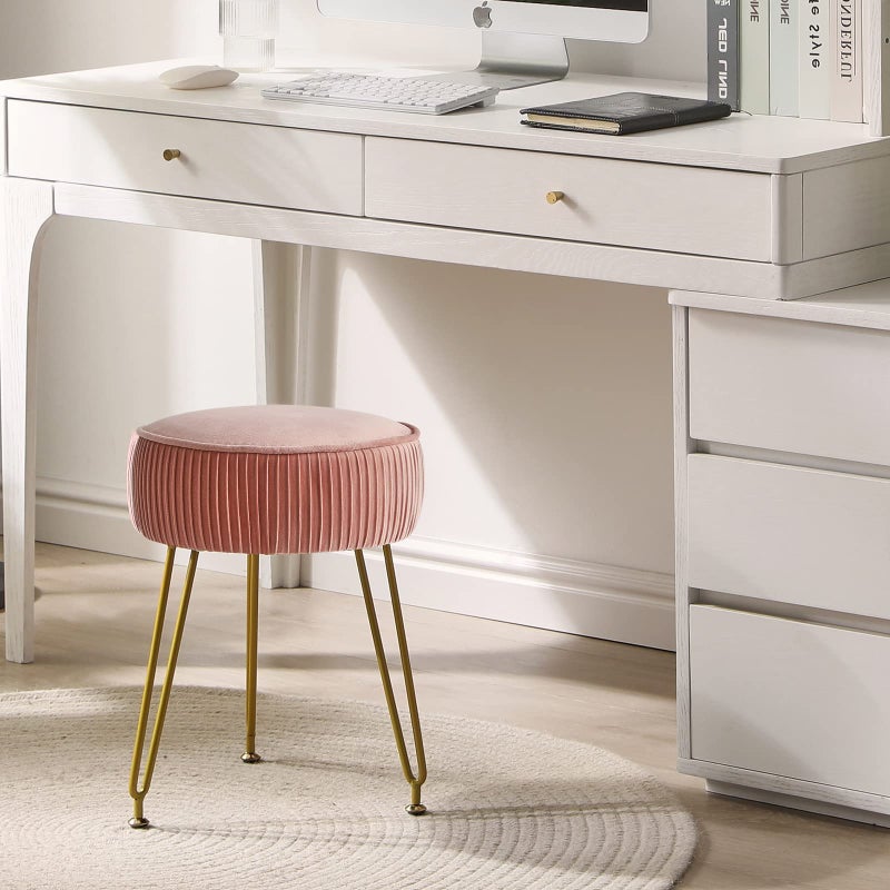 IBUYKE Velvet Round Footrest Ottoman, Makeup Vanity Stool Side Table, Velvet Dressing Table Seat, Pouf Couch Stool, Golden Steel Legs, Pink LG-30P - Image 4