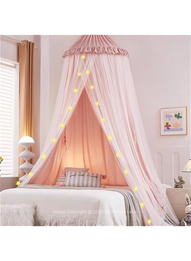 Arabest Double Layers Bed Canopy with Star Lights, 3 Pieces Layers Canopy for Girls Bed, Princess Round Dome Dreamy Play Tent, Hanging Kids Reading Nook Mosquito Net, Machine Washable - Light Pink - Image 1