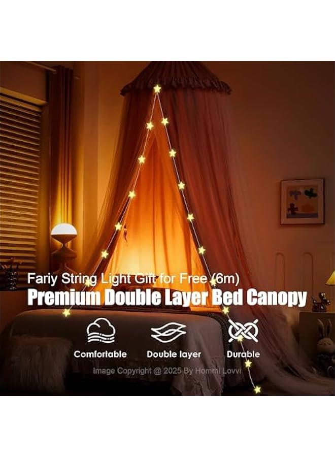 Arabest Double Layers Bed Canopy with Star Lights, 3 Pieces Layers Canopy for Girls Bed, Princess Round Dome Dreamy Play Tent, Hanging Kids Reading Nook Mosquito Net, Machine Washable - Light Pink - Image 2