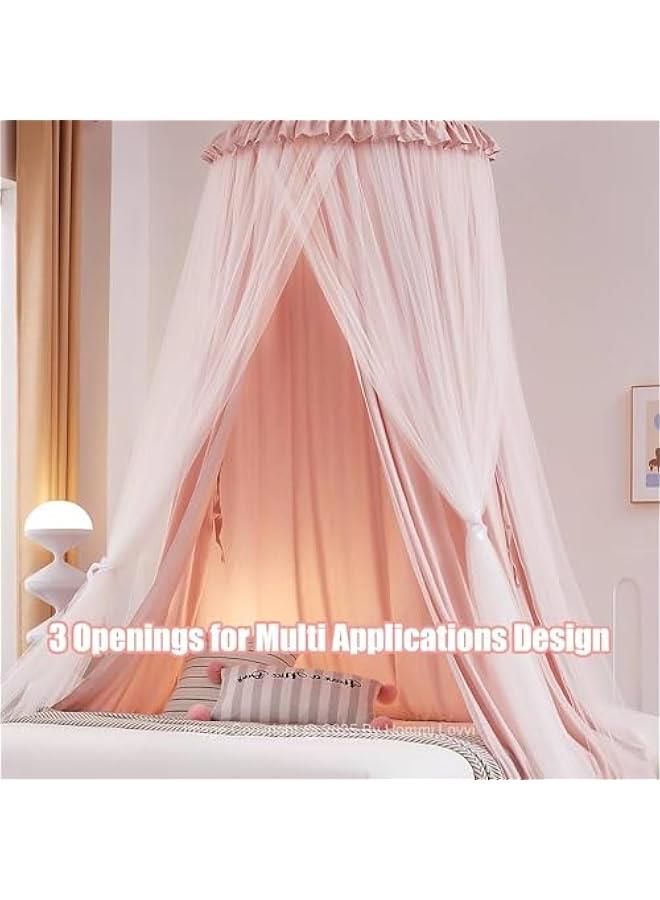 Arabest Double Layers Bed Canopy with Star Lights, 3 Pieces Layers Canopy for Girls Bed, Princess Round Dome Dreamy Play Tent, Hanging Kids Reading Nook Mosquito Net, Machine Washable - Light Pink - Image 4