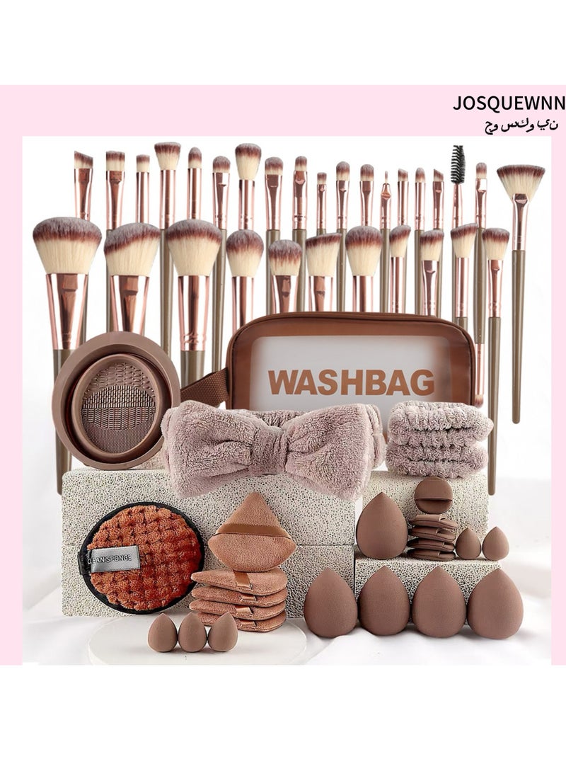 JOSQUEWNN - Makeup Brush Set 42Pcs Makeup Tool Set, Premium Synthetic Foundation Powder Concealers Eye Shadows Blush Makeup Brushes Powder Puff, Brown, 42 Piece Set. - Image 1
