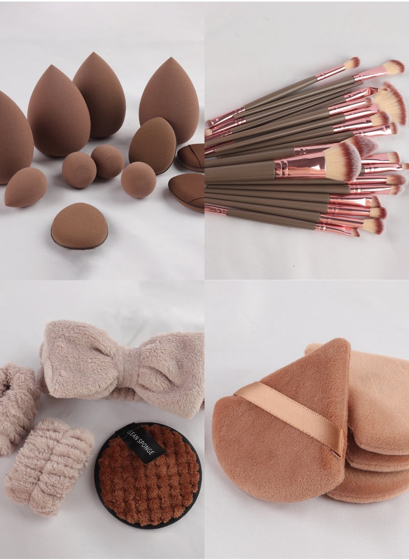 JOSQUEWNN - Makeup Brush Set 42Pcs Makeup Tool Set, Premium Synthetic Foundation Powder Concealers Eye Shadows Blush Makeup Brushes Powder Puff, Brown, 42 Piece Set. - Image 1