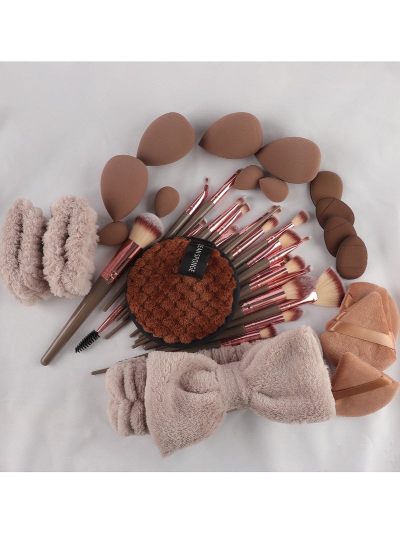 JOSQUEWNN - Makeup Brush Set 42Pcs Makeup Tool Set, Premium Synthetic Foundation Powder Concealers Eye Shadows Blush Makeup Brushes Powder Puff, Brown, 42 Piece Set. - Image 1