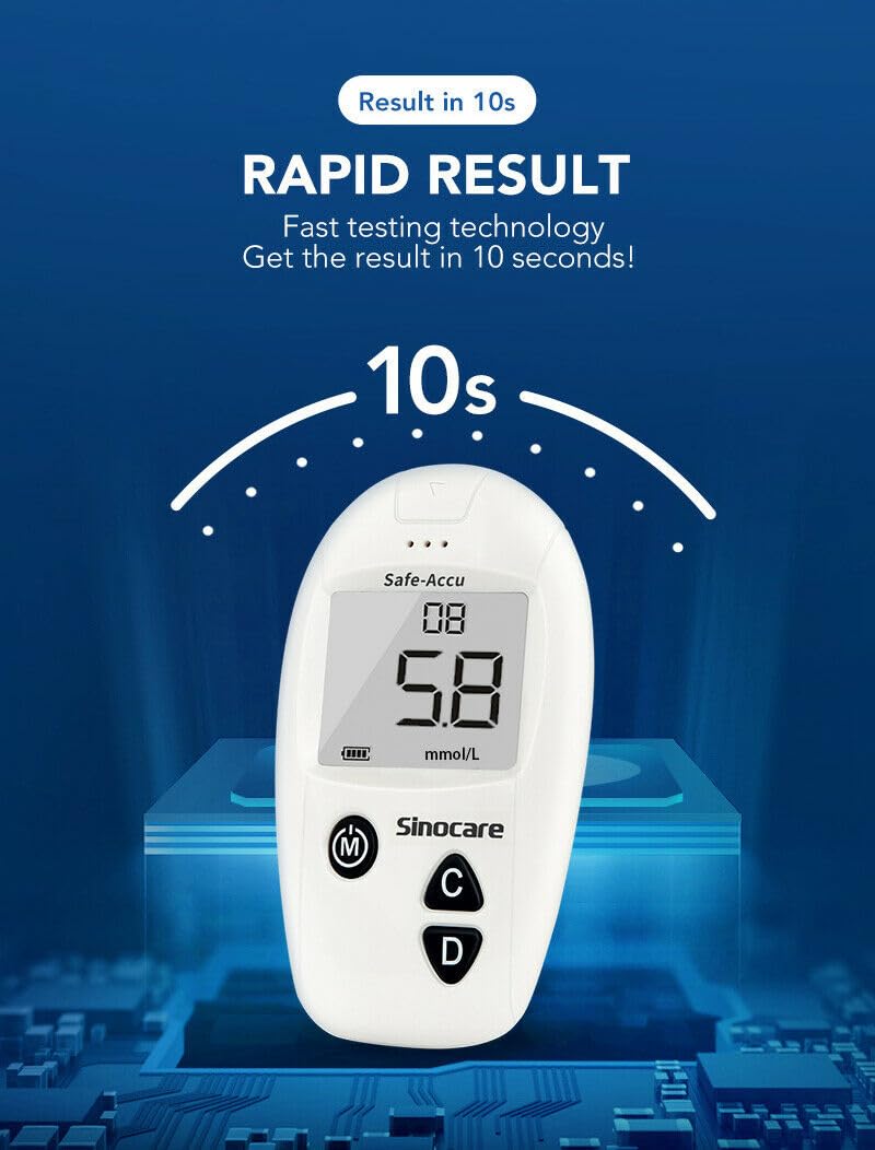 sinocare Safe-Accu Diabetes Testing Kit, Blood Glucose Monitor, with Test Strips x 50 & Lancing Devices x 50 & Case, for UK Diabetics -in mmol/L - Image 3