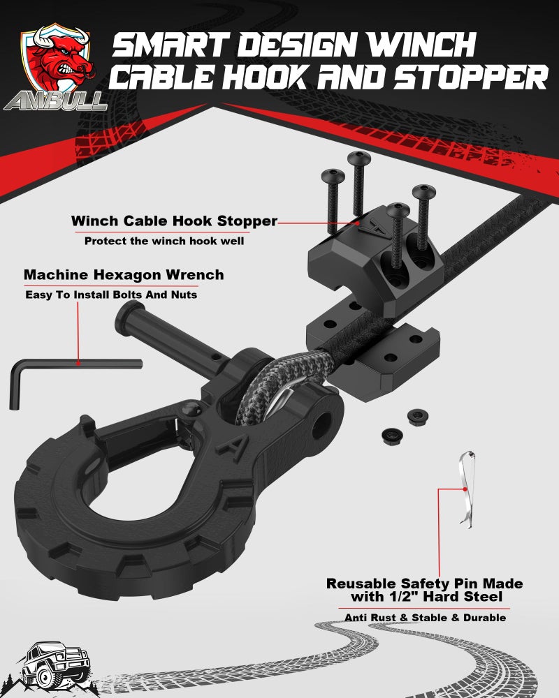 AMBULL 3/8" Winch Hook & Winch Cable Hook Stopper Sets, Heavy Duty Grade 70 Forged Steel Recovery Hook with Safety Latch, Included Allen Wrench,Max 37,478 Lbs, Black - Image 3
