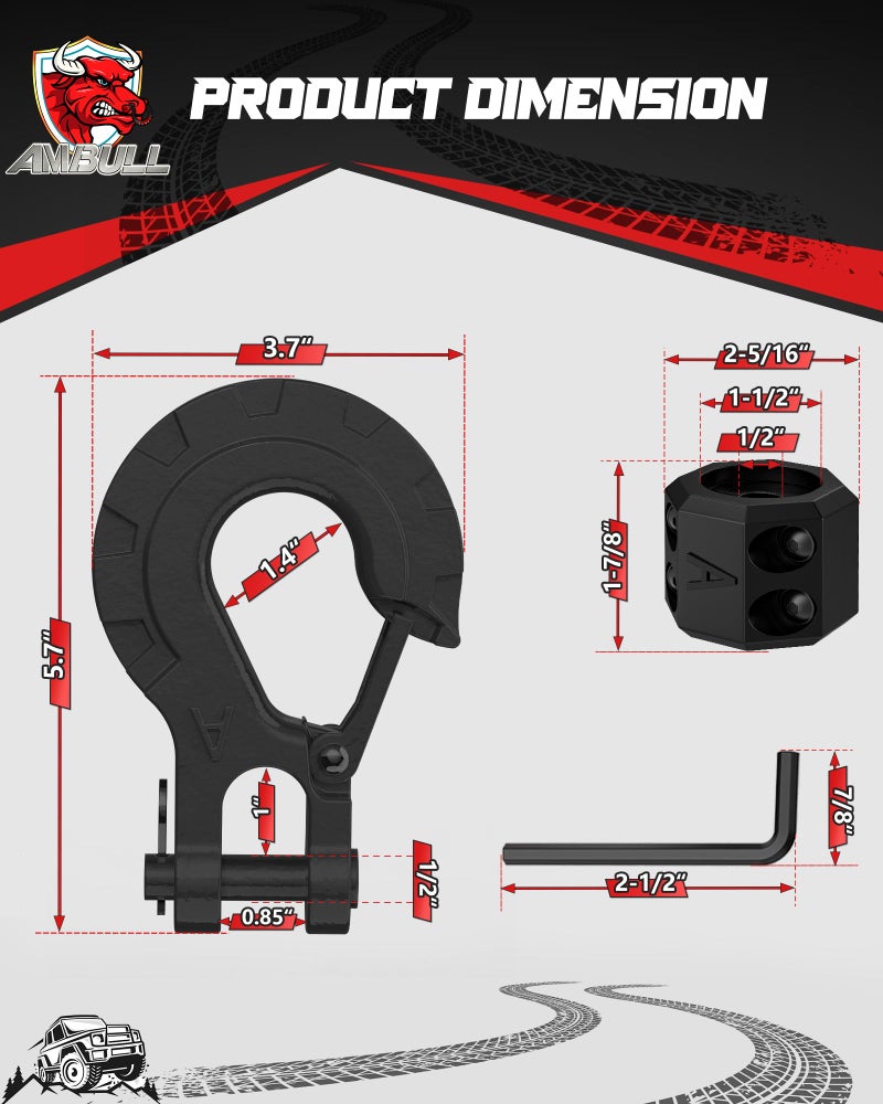 AMBULL 3/8" Winch Hook & Winch Cable Hook Stopper Sets, Heavy Duty Grade 70 Forged Steel Recovery Hook with Safety Latch, Included Allen Wrench,Max 37,478 Lbs, Black - Image 2