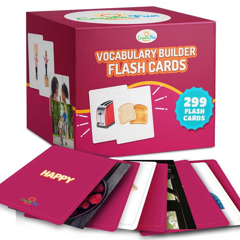 CreateFun 299 Vocabulary Builder Flash Cards, Educational Photo Cards for Home, Speech Therapy Materials, ESL Teaching Materials Includes Emotions, Matching Go Togethers, Nouns, Opposites, Prepositions, Verbs - Image 1