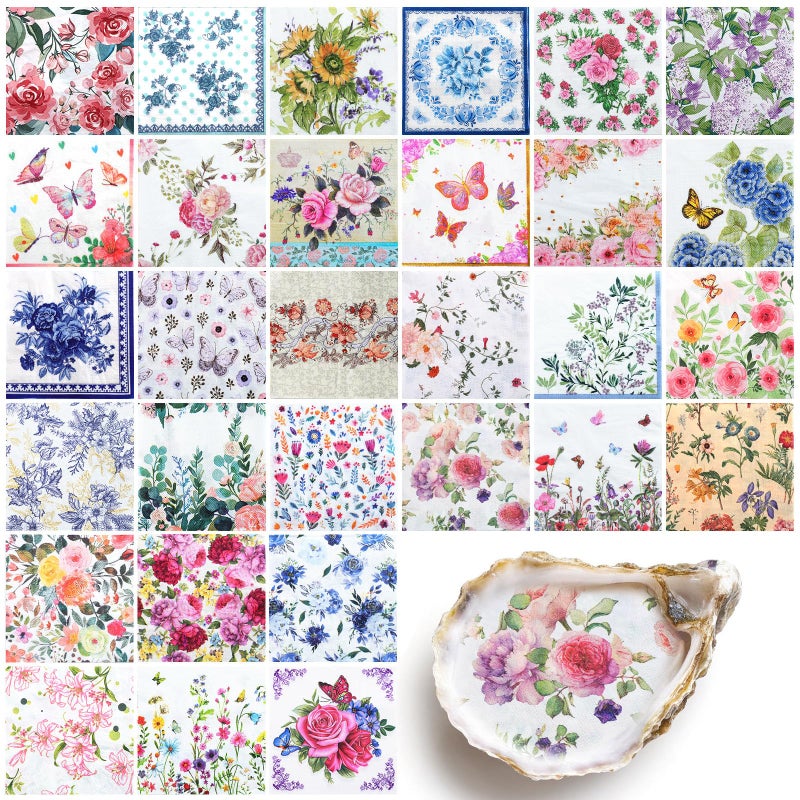 NatNarr 30 Pack Decoupage Napkins, 30 Styles Floral Paper Napkins Chinoiserie Decorative Decoupage Napkin Printed Cocktail Paper for DIY Crafting Birthday Party Baby Shower - Image 1