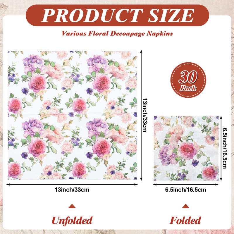 NatNarr 30 Pack Decoupage Napkins, 30 Styles Floral Paper Napkins Chinoiserie Decorative Decoupage Napkin Printed Cocktail Paper for DIY Crafting Birthday Party Baby Shower - Image 2