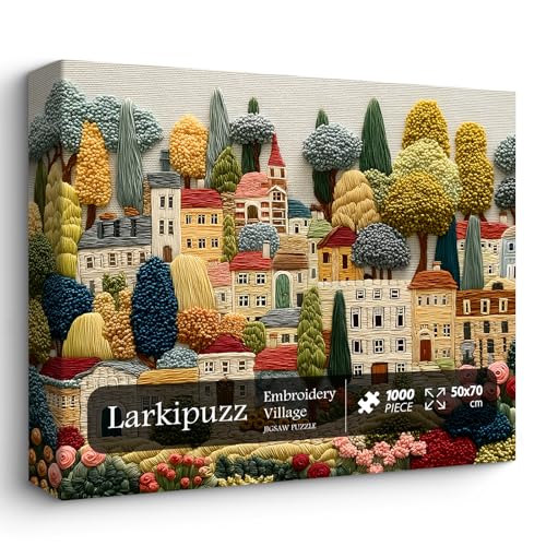 Larkipuzz Embroidery Village Jigsaw Puzzle 1000 Pieces Patchwork Country House Puzzles for Adults Trees Larkipuzz Impossible Quilting Plants Puzzles for Wall Decor - Image 1