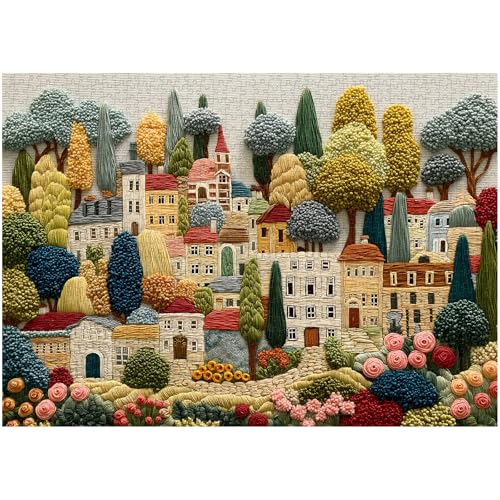 Larkipuzz Embroidery Village Jigsaw Puzzle 1000 Pieces Patchwork Country House Puzzles for Adults Trees Larkipuzz Impossible Quilting Plants Puzzles for Wall Decor - Image 5