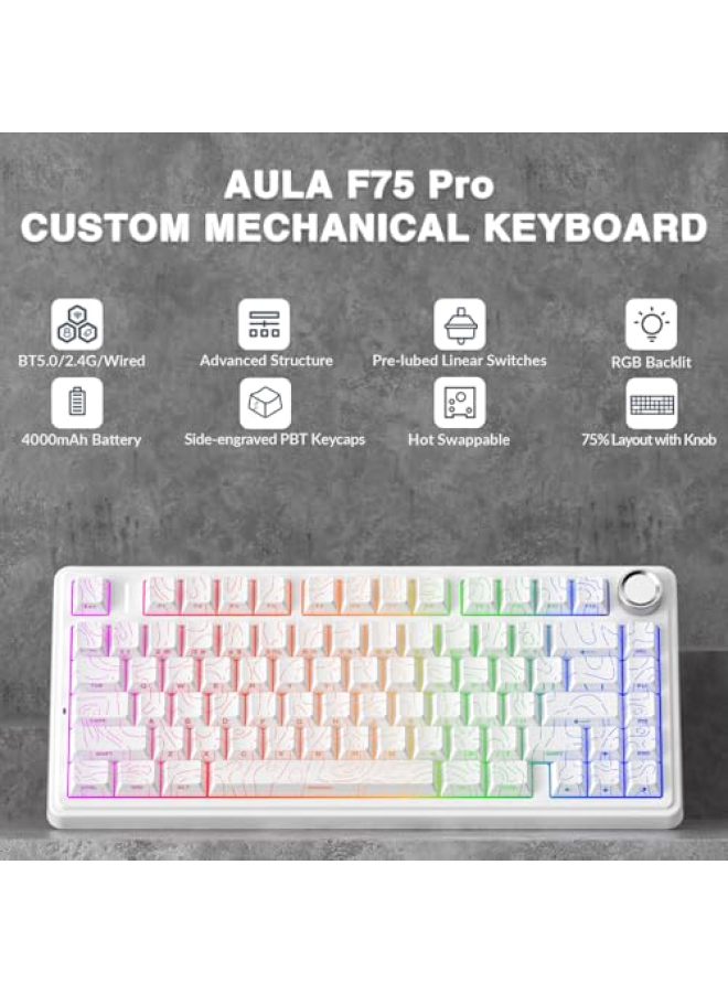 لوحة مفاتيح ميكانيكية لاسلكية AULA F75 Pro، 75% قابلة للتخصيص والتبديل السريع مع مقبض، إضاءة خلفية RGB، مفاتيح Reaper مدهونة مسبقًا، أغطية مفاتيح PBT مطبوعة على الجانب، 2.4GHz/USB-C/BT5.0 للعب - Image 2