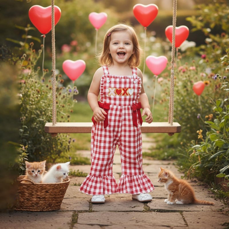 Rourufy Toddler Baby Girl Valentines Day Outfit Girls Plaid Overalls Pants Romper Kids Jumpsuit Kids Spring Summer Clothes (A XOXO Plaid Red, 12-18 Months) - Image 2