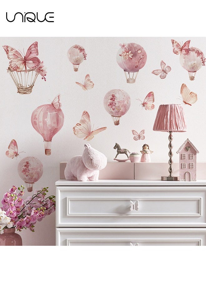 Unique Cartoon Pink Hot Air Balloon Butterfly Wall Stickers, Butterfly & Hot Air Balloon Wall Stickers, DIY Movable Large Art Decoration, Peel & Paste, Fit for Kids, Baby Boys, Girls, Playroom Bedroom Deco  - Image 1