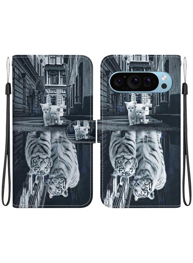 Zaboon For Google Pixel 9 Pro Crystal Texture Colored Drawing Leather Phone Case(Cat Tiger Reflection) 