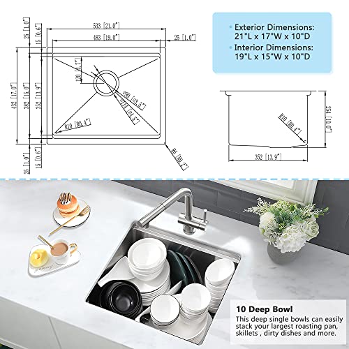 VASOYO 21 Inch Bar Sink Undermount-VASOYO 21x17 Inch Undermount Kitchen Sink Workstation Wet Bar Prep 16 Gauge Stainless Steel Single Bowl Under Mount Rv Sinks with Cutting Board - Image 5