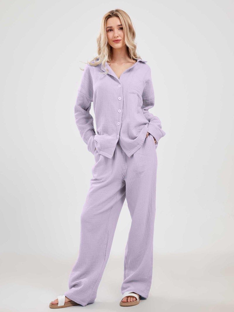 codcm Womens Pajama Sets Cotton Pj Set Cute Heart Print Long Sleeve Button Shirt With Pants(Purple,XX-Large) - Image 2