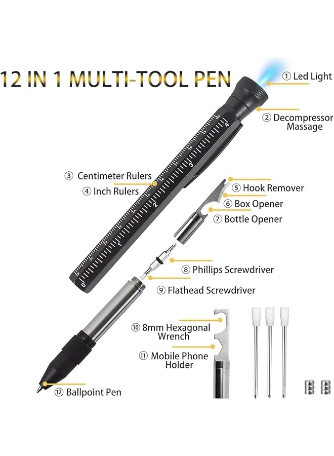 Bukela 12 In 1 Multitool Pen With Stress Relief Accessory Pocket Multi Tool With Light Stylus Ruler Screwdriver Bottle Box Opener Cool Must Have Gadgets For Woodworking Electrical Engineers Men - Image 2