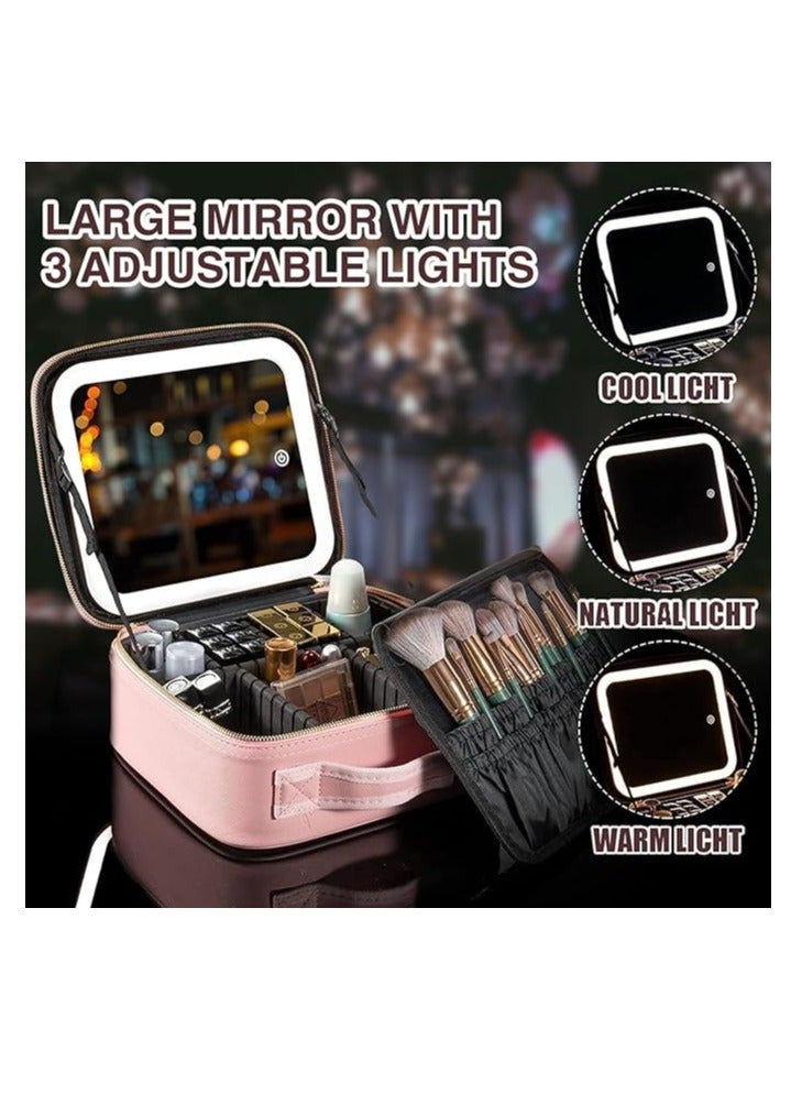 ARNOTEC Travel Makeup Bag with Mirror of LED Lighted, Travel Makeup Train Case Cosmetic Bag Organizer with Adjustable Dividers, Makeup Case with Mirror, 3 Adjustable Brightness Cosmetic Bag  - Image 3