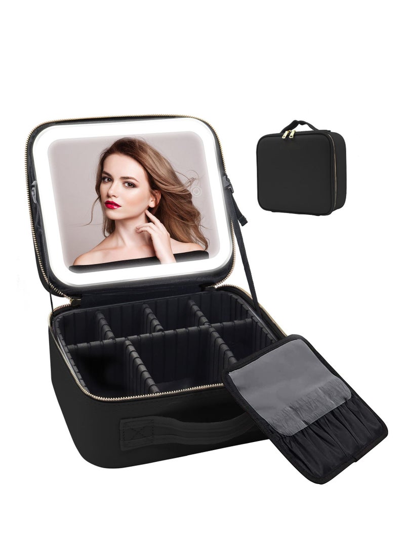 ARNOTEC Travel Makeup Bag with Mirror of LED Lighted, Travel Makeup Train Case Cosmetic Bag Organizer with Adjustable Dividers, Makeup Case with Mirror, 3 Adjustable Brightness Cosmetic Bag  - Image 1