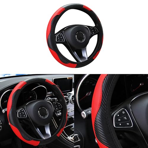 Couslcd Car Steering Wheel Cover 15 inch Carbon Fiber Microfiber PU Leather Elastic Steering Wheel Protector for Men Women AntiSlip Breathable Car Interior Accessories for Most Cars Red - Image 1