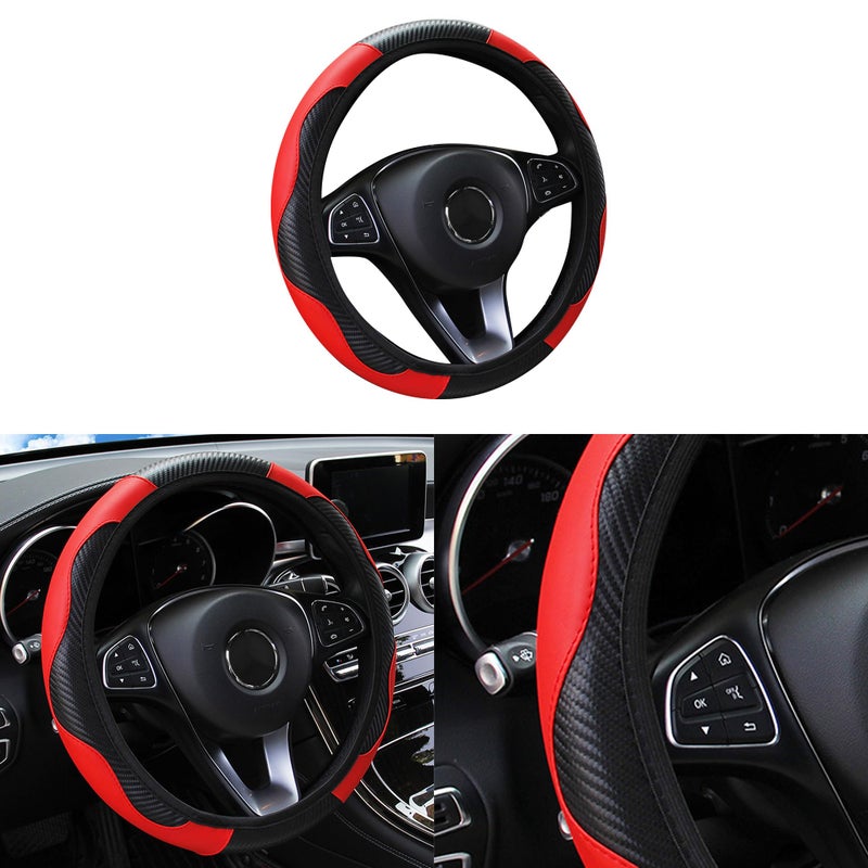 Couslcd Car Steering Wheel Cover 15 inch Carbon Fiber Microfiber PU Leather Elastic Steering Wheel Protector for Men Women AntiSlip Breathable Car Interior Accessories for Most Cars Red - Image 3