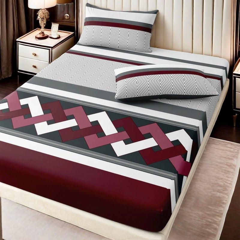 3pcs Gray Red Rhombus Interwoven Line Pattern Classic Timeless Symmetrical Geometric Bedding Set Includes 2 Pillowcases And 1 King Size Fitted Sheet 79.92 X 77.95 Inches Soft Skin Friendly 24 Hour No Shift Easy Care Snug Fit Simple To Use - Image 4