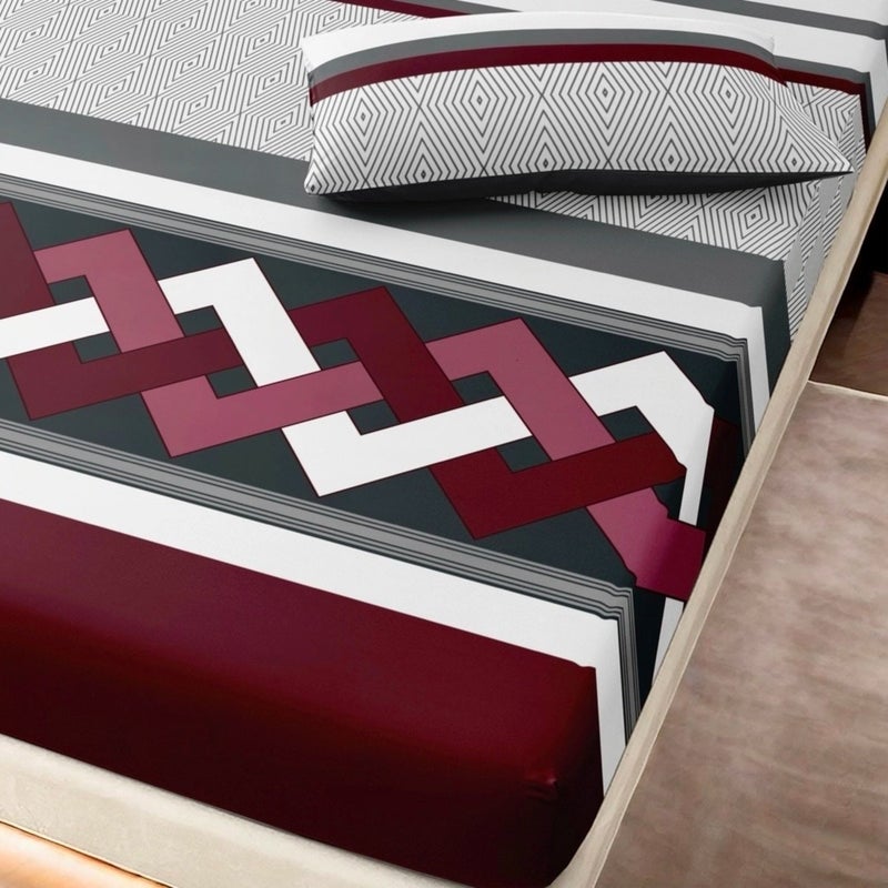 3pcs Gray Red Rhombus Interwoven Line Pattern Classic Timeless Symmetrical Geometric Bedding Set Includes 2 Pillowcases And 1 King Size Fitted Sheet 79.92 X 77.95 Inches Soft Skin Friendly 24 Hour No Shift Easy Care Snug Fit Simple To Use - Image 5