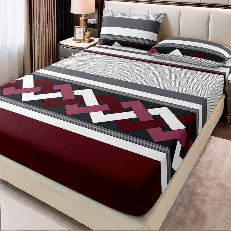 3pcs Gray Red Rhombus Interwoven Line Pattern Classic Timeless Symmetrical Geometric Bedding Set Includes 2 Pillowcases And 1 King Size Fitted Sheet 79.92 X 77.95 Inches Soft Skin Friendly 24 Hour No Shift Easy Care Snug Fit Simple To Use - Image 2