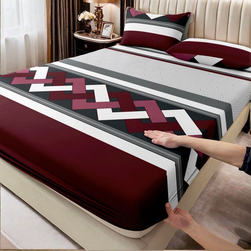 3pcs Gray Red Rhombus Interwoven Line Pattern Classic Timeless Symmetrical Geometric Bedding Set Includes 2 Pillowcases And 1 King Size Fitted Sheet 79.92 X 77.95 Inches Soft Skin Friendly 24 Hour No Shift Easy Care Snug Fit Simple To Use - Image 1