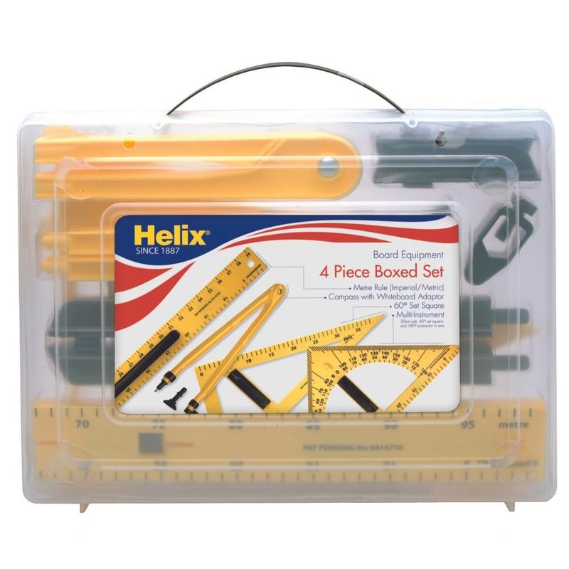 Helix - Magnetic Classroom Whiteboard Geometry 4 Piece Set - Compass - 2 Triangles - Ruler - Protractor