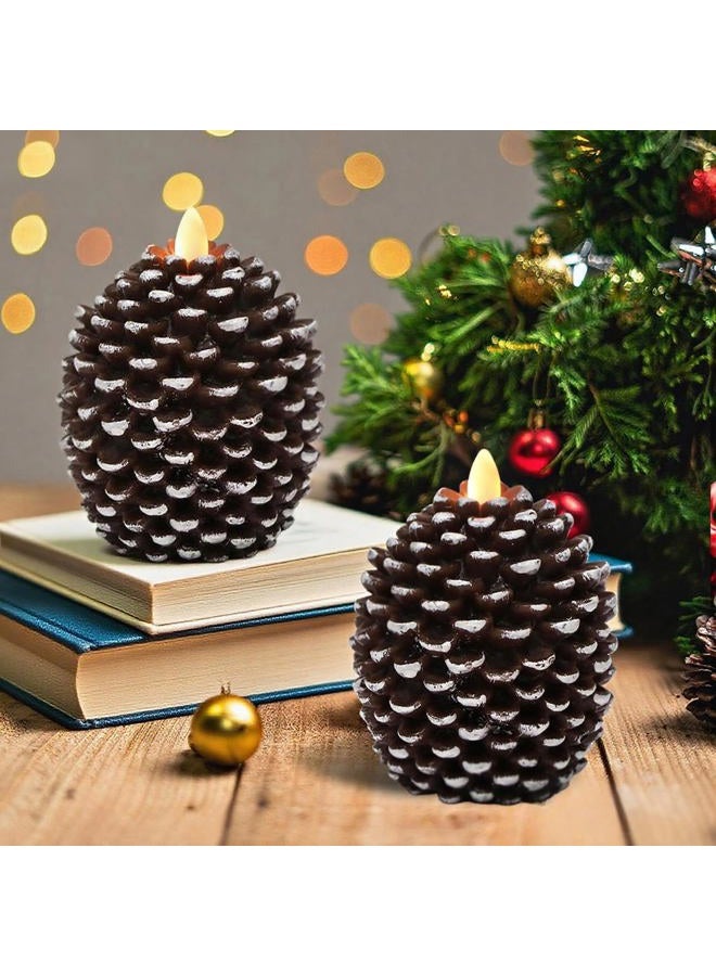 Wondise Flameless Candles with 6H Timer, Battery Operated Flickering Wick Real Wax Pine Cone Candles for Holiday Indoor Decoration, Set of 2, Brown(D3.5 x H4.7 Inch) - Image 1